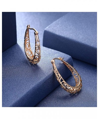 925 Sterling Silver Filigree Hoop Earrings, 18 K Gold Plated Small Oval Hoop Earrings for Women, Hollow-Out Textured Flower T...