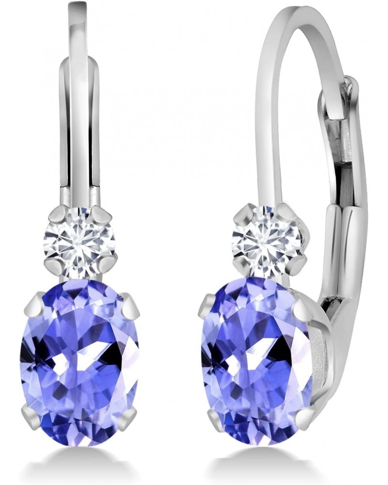 14K White Gold Blue Tanzanite and White Diamond Leverback Earrings For Women | 0.97 Cttw | Gemstone December Birthstone | Ova...