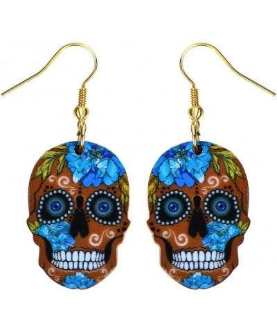 Day of the Dead Sugar Skull Fashionable Earrings - Acrylic - Fish Hook - Unique Gift and Souvenir Brown $7.01 Earrings