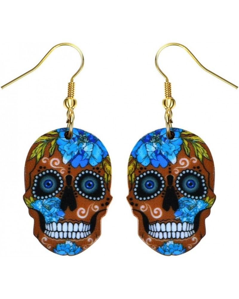 Day of the Dead Sugar Skull Fashionable Earrings - Acrylic - Fish Hook - Unique Gift and Souvenir Brown $7.01 Earrings