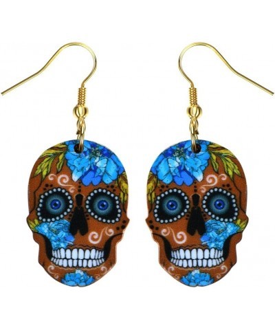 Day of the Dead Sugar Skull Fashionable Earrings - Acrylic - Fish Hook - Unique Gift and Souvenir Brown $7.01 Earrings