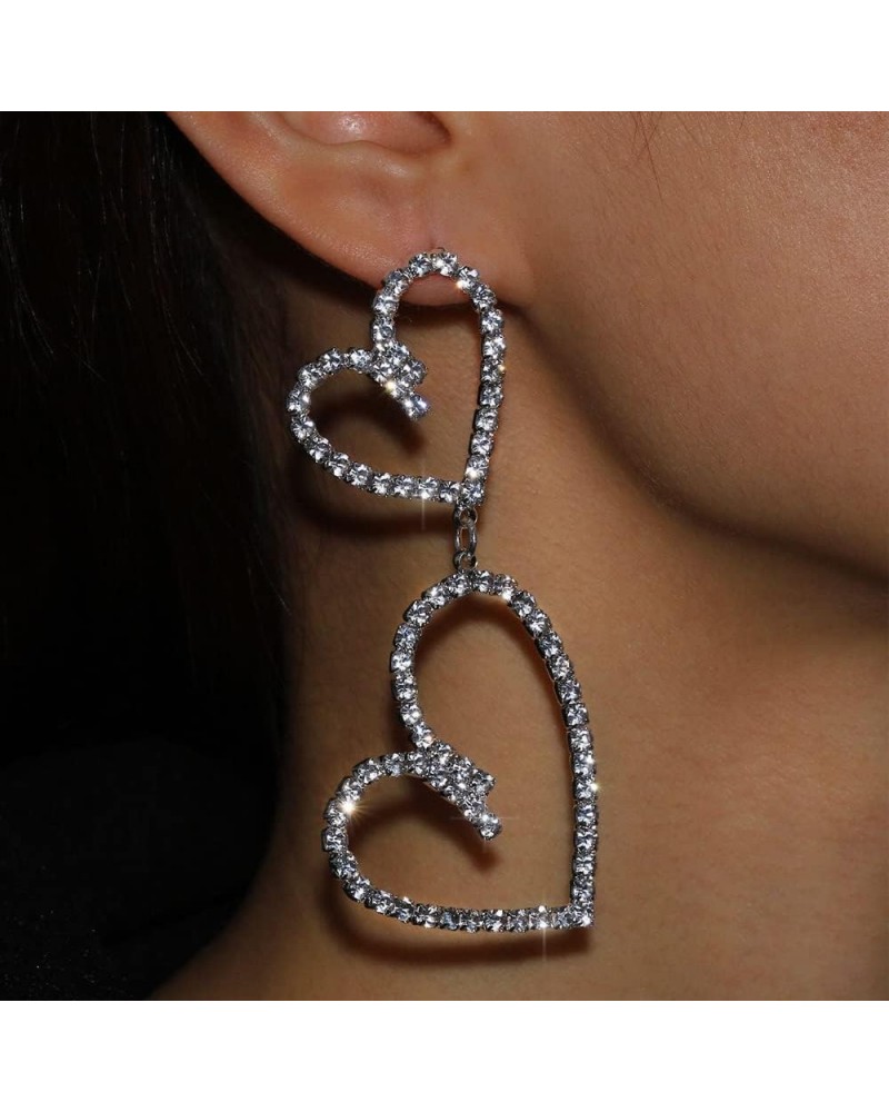 Heart Hoop Earrings Dangle for Women Rhinestone Double Heart Drop Earrings Big Statement Crystal Hoop Earrings for Women Vale...