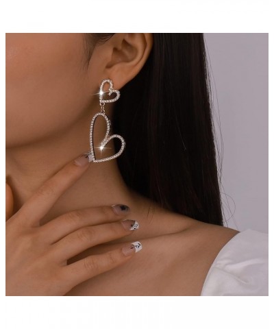 Heart Hoop Earrings Dangle for Women Rhinestone Double Heart Drop Earrings Big Statement Crystal Hoop Earrings for Women Vale...