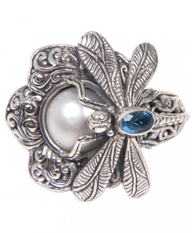 Artisan Handmade Cultured Freshwater Pearl Blue Topaz Cocktail Ring Dragonfly from Indonesia .925 Sterling Silver White Anima...