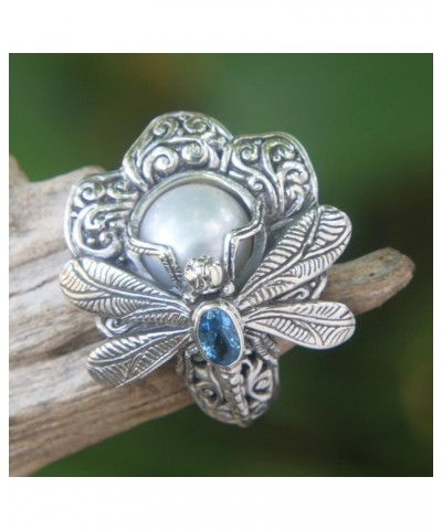 Artisan Handmade Cultured Freshwater Pearl Blue Topaz Cocktail Ring Dragonfly from Indonesia .925 Sterling Silver White Anima...