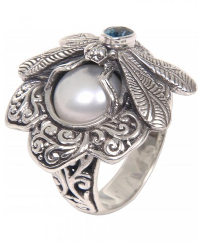 Artisan Handmade Cultured Freshwater Pearl Blue Topaz Cocktail Ring Dragonfly from Indonesia .925 Sterling Silver White Anima...