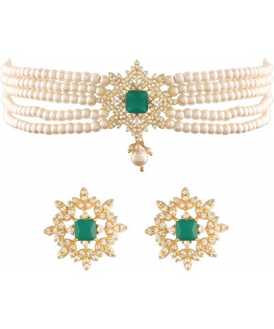 18K Gold Plated Indian Wedding Bollywood CZ Crystal with Pearl Choker Necklace Set for Women Green $15.64 Jewelry Sets