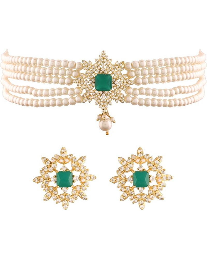 18K Gold Plated Indian Wedding Bollywood CZ Crystal with Pearl Choker Necklace Set for Women Green $15.64 Jewelry Sets