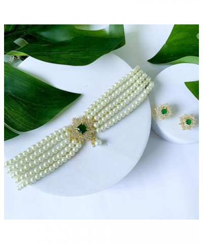 18K Gold Plated Indian Wedding Bollywood CZ Crystal with Pearl Choker Necklace Set for Women Green $15.64 Jewelry Sets