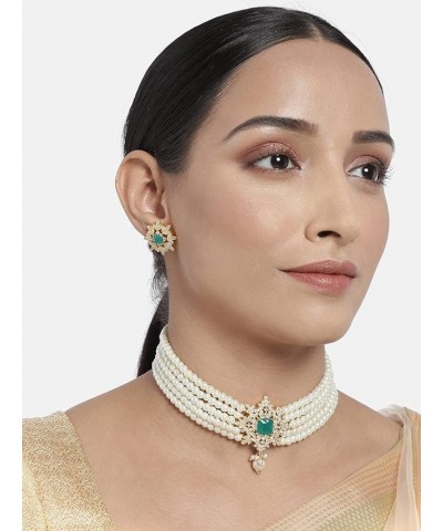 18K Gold Plated Indian Wedding Bollywood CZ Crystal with Pearl Choker Necklace Set for Women Green $15.64 Jewelry Sets