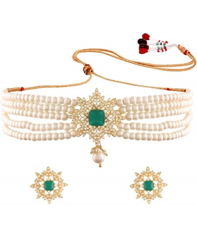 18K Gold Plated Indian Wedding Bollywood CZ Crystal with Pearl Choker Necklace Set for Women Green $15.64 Jewelry Sets