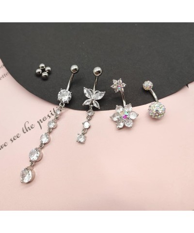 4PCS 14G Surgical Steel Belly Button Ring Dangle Belly Button Rings for Women Belly Piercing Dangling Cute Heart Butterfly Fl...