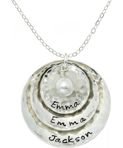 Tripio Personalized Sterling Silver Necklace with 3 Customizable Discs, Hand Finished and Adorned with a Swarovski Pearl. Cho...