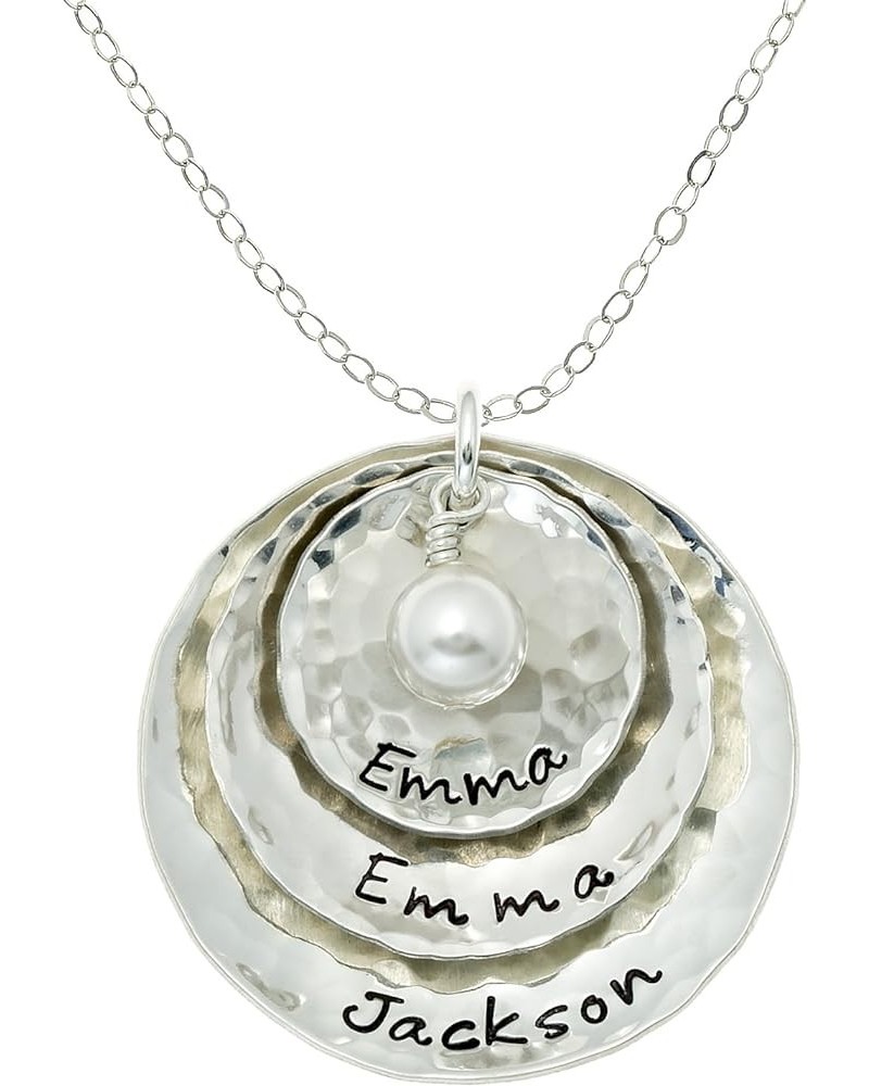 Tripio Personalized Sterling Silver Necklace with 3 Customizable Discs, Hand Finished and Adorned with a Swarovski Pearl. Cho...