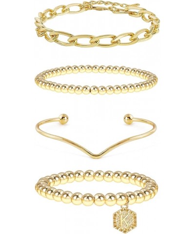 14K Gold Stackable Bead Bracelet Plated Chunky Stretch Bracelets for Women Gift with Initial Hexagon Pendant K $9.89 Bracelets