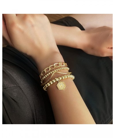 14K Gold Stackable Bead Bracelet Plated Chunky Stretch Bracelets for Women Gift with Initial Hexagon Pendant K $9.89 Bracelets