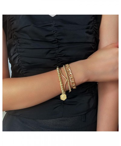 14K Gold Stackable Bead Bracelet Plated Chunky Stretch Bracelets for Women Gift with Initial Hexagon Pendant K $9.89 Bracelets