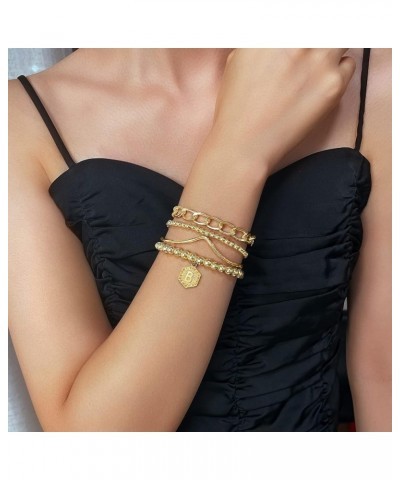 14K Gold Stackable Bead Bracelet Plated Chunky Stretch Bracelets for Women Gift with Initial Hexagon Pendant K $9.89 Bracelets