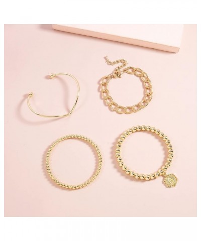 14K Gold Stackable Bead Bracelet Plated Chunky Stretch Bracelets for Women Gift with Initial Hexagon Pendant K $9.89 Bracelets