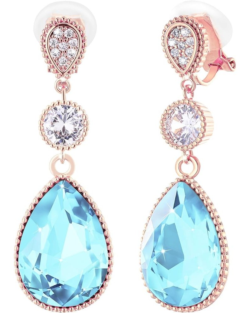 Clip On 18 * 13MM Big Crystal Dangle Non Pierced Earrings for Women Costume Jewelry Mar-Aquamarine-Rose Gold $9.82 Earrings