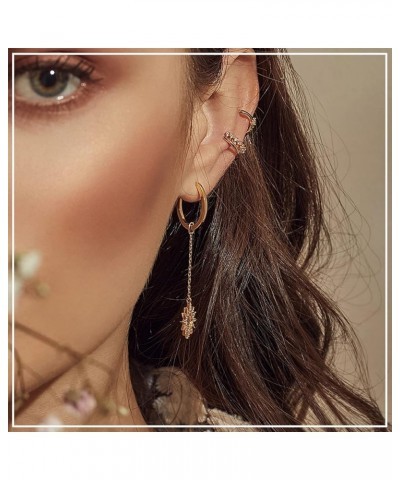 Sun and Star Chain Tassel Dangle Drop Hoop Earrings for Women Girls with Asymmetric Cubic Zirconia Huggie Earring Jewelry Gif...