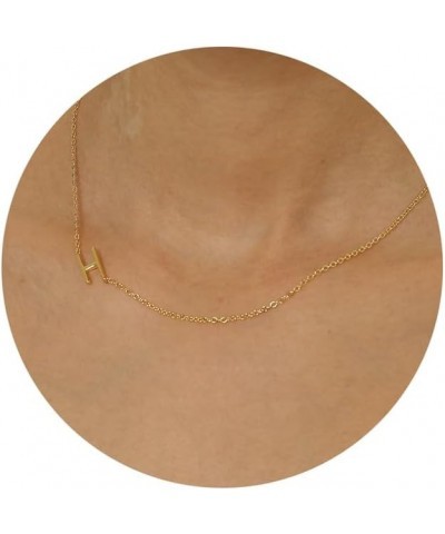 Sideways Initial Necklaces for Women, 14k Gold Plated Initial Necklace Dainty Gold Letter Necklace Simple Gold Choker Necklac...