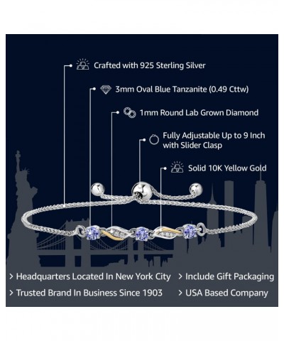 925 Sterling Silver and 10K Yellow Gold Blue Tanzanite and White Lab Grown Diamond Tennis Bracelet For Women (0.49 Cttw, Gems...