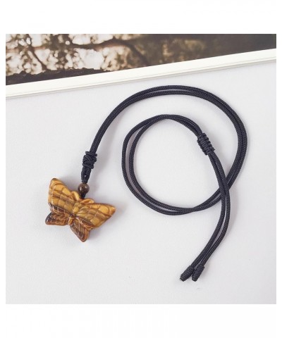 Natural Crystal Stone Pendant Necklace Adjustable Black Cord Carved Quartz Butterfly Necklace Yellow $11.75 Necklaces