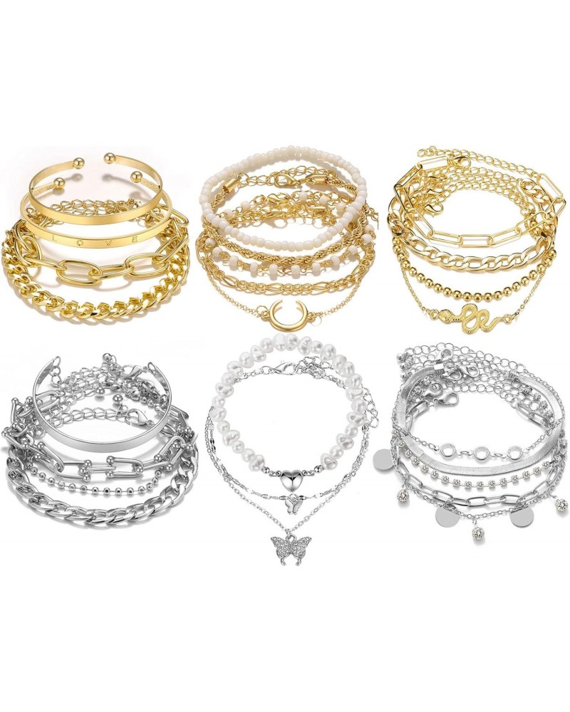 24 Pcs (7 Pack) Dainty Gold Silver Bracelet Set for women girl, Boho Chain Ankle Layered Stackable Link Adjustable Chunky Ban...