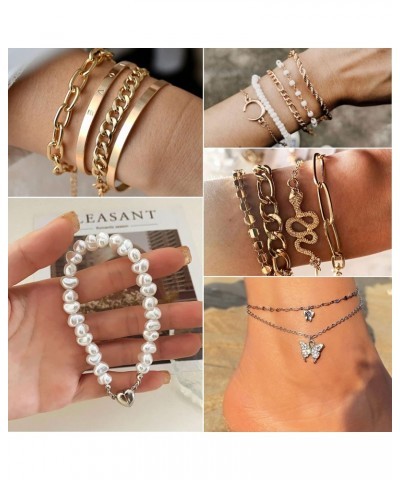 24 Pcs (7 Pack) Dainty Gold Silver Bracelet Set for women girl, Boho Chain Ankle Layered Stackable Link Adjustable Chunky Ban...