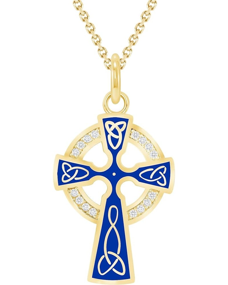 Celtic Cross Trinity Knot Pendant Necklace in Solid 14k Gold with Diamonds, Made in America 22" Necklace Blue Enamel Yellow G...