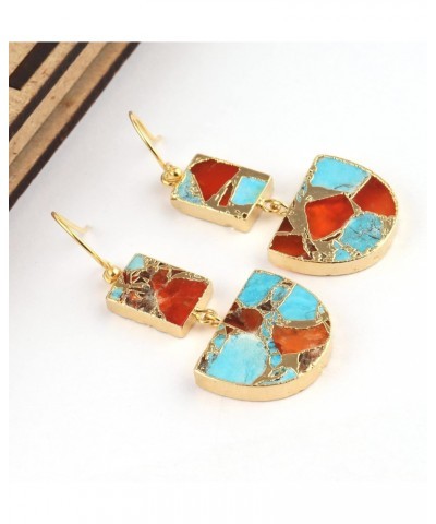 Guntaas Gems Semicircle Crescent Shape Orange Jade And Cooper Turquoise Brass Gold Plated Drop Dangle Earrings For Women, Yel...