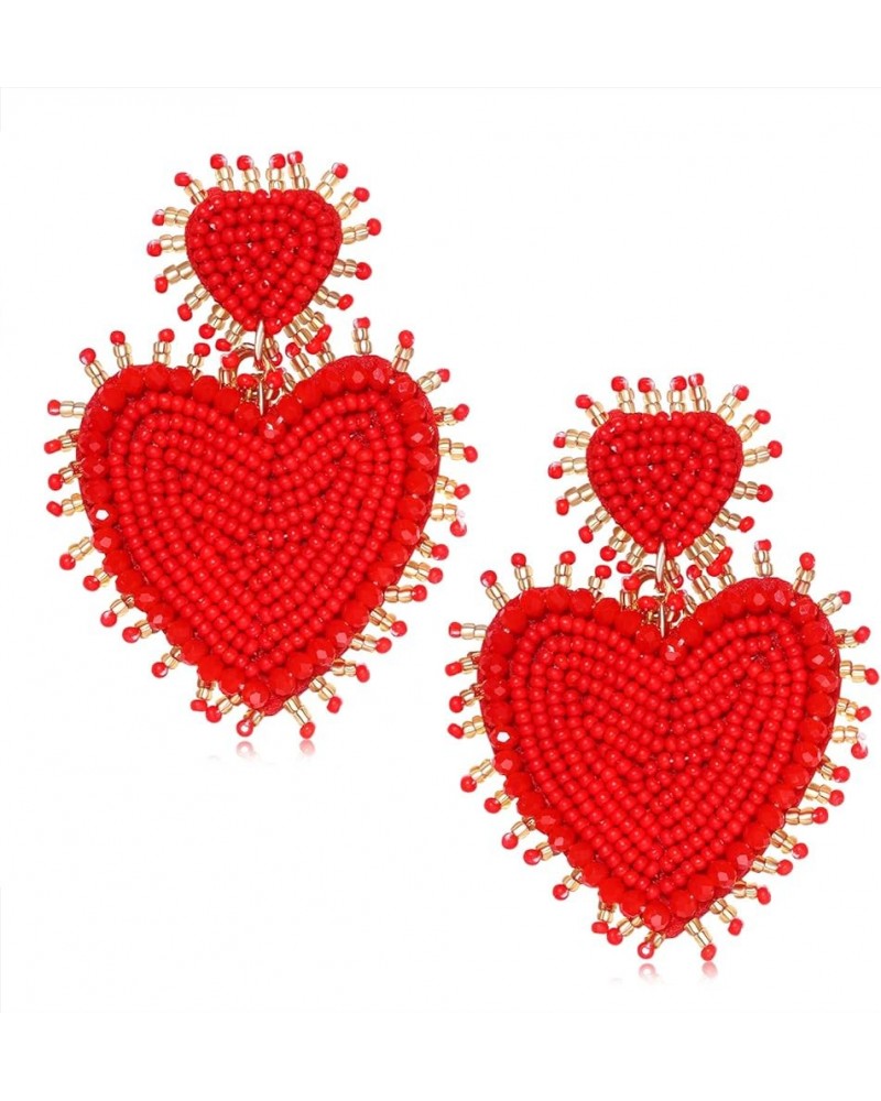 Heart Earrings for Women Hypoallergenic Beaded Statement Dangle Earrings Boho Handmade Red Love Heart Bead Drop Dangling Earr...