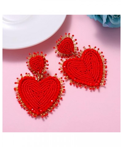 Heart Earrings for Women Hypoallergenic Beaded Statement Dangle Earrings Boho Handmade Red Love Heart Bead Drop Dangling Earr...