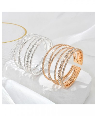 Bling Multilayer Chunky Silver/Gold Twist Crystal Rhinestone Adjustable Arm Cuff Bracelet Bangle for Women Bride Wedding Form...