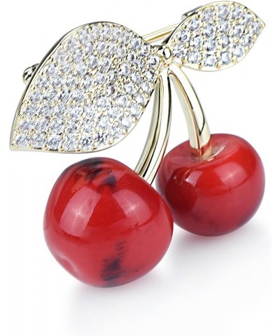 Red Stone Cherry Brooch Pin Green Cubic Zirconia Leaf Fruit Lapel Pin for Women Party Weddings Banquet Jewelry Pins Gold $9.6...