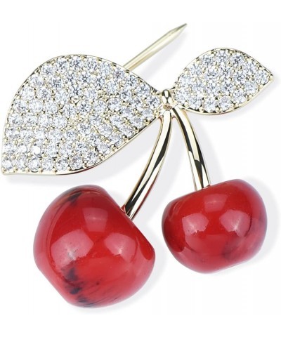 Red Stone Cherry Brooch Pin Green Cubic Zirconia Leaf Fruit Lapel Pin for Women Party Weddings Banquet Jewelry Pins Gold $9.6...