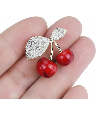 Red Stone Cherry Brooch Pin Green Cubic Zirconia Leaf Fruit Lapel Pin for Women Party Weddings Banquet Jewelry Pins Gold $9.6...