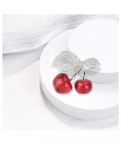 Red Stone Cherry Brooch Pin Green Cubic Zirconia Leaf Fruit Lapel Pin for Women Party Weddings Banquet Jewelry Pins Gold $9.6...