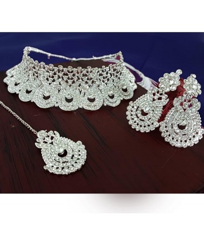 Indian Jewelry Sets for Women Bollywood Jewelry Rhinestone Austrian Crystal Choker Bridal Necklace Earrings Maang Tikka Head ...