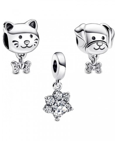 925 Sterling Silver Charms Cute Cat/Dog Paw Beads Dangle For Women Bracelets Necklace, Monther's Day Perfect Gifts 3 Piece/Pa...