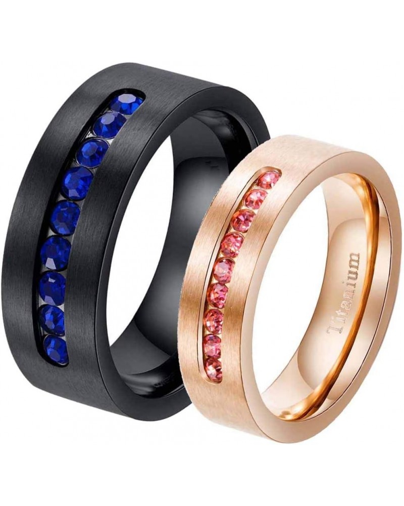 Two Rings Couple Rings Black Rose Gold Plated Titanium Steel Blue Cz Mens Wedding Band Pink Cz Womens Wedding Ring women's si...