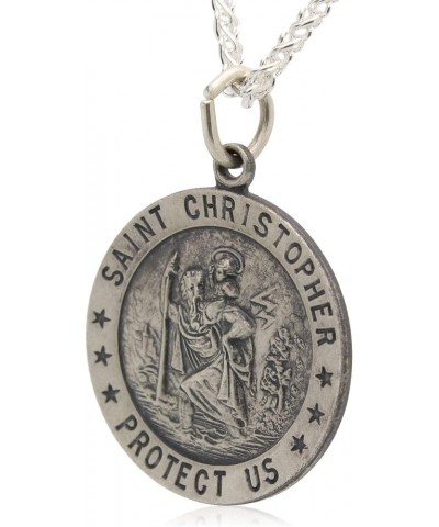 Round Antiqued St. Christopher Necklace Medal Solid 925 Sterling Silver With Jewelry Gift Box - Can Be Personalized With Cust...