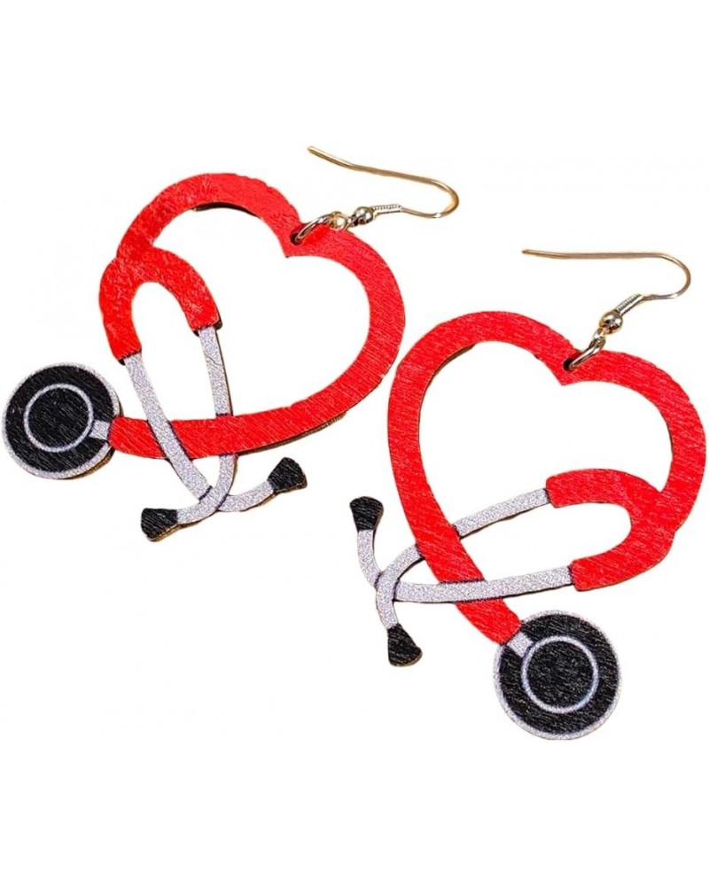 Nurse Earrings Stethoscope Dangle Earrings Multicolor Wood Stethoscope Earrings for Women Doctor Nurse Gift Red $5.39 Earrings