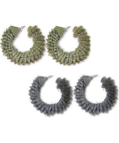 Women's Fashion Boho Soft Tassel Wrapped Hoop Earrings Grey+Army Green $9.43 Earrings