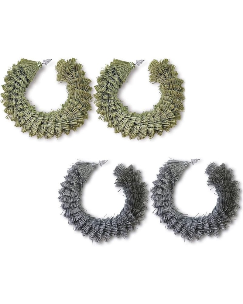 Women's Fashion Boho Soft Tassel Wrapped Hoop Earrings Grey+Army Green $9.43 Earrings