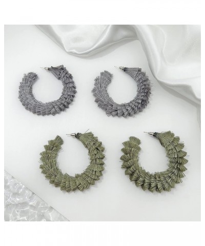 Women's Fashion Boho Soft Tassel Wrapped Hoop Earrings Grey+Army Green $9.43 Earrings