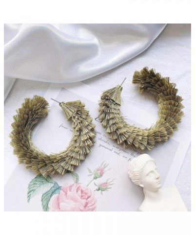 Women's Fashion Boho Soft Tassel Wrapped Hoop Earrings Grey+Army Green $9.43 Earrings