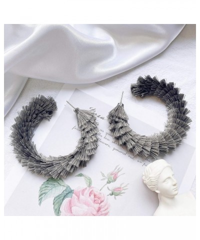 Women's Fashion Boho Soft Tassel Wrapped Hoop Earrings Grey+Army Green $9.43 Earrings