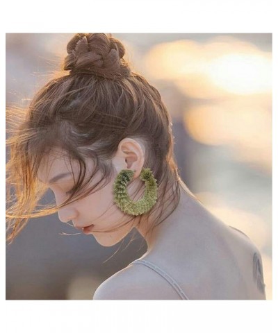 Women's Fashion Boho Soft Tassel Wrapped Hoop Earrings Grey+Army Green $9.43 Earrings